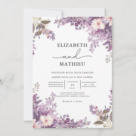 Elegant Lavender Floral Wedding Kaart (Voorkant)