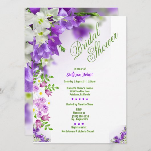 Elegant Lavender Flowers Bridal Shower Invitations Kaart (Voorkant / Achterkant)