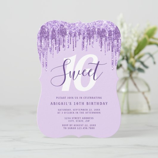 Elegant lavender glitter druppelt zestien zoete va kaart (Staand voorkant)