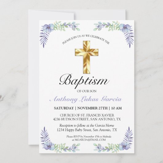Elegant Lavender Gold Cross Baby Baptisme Kaart (Voorkant)