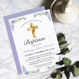Elegant Lavender Gold Cross Baby Baptisme Kaart