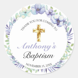Elegant Lavender Gold Cross Baby Baptisme Ronde Sticker