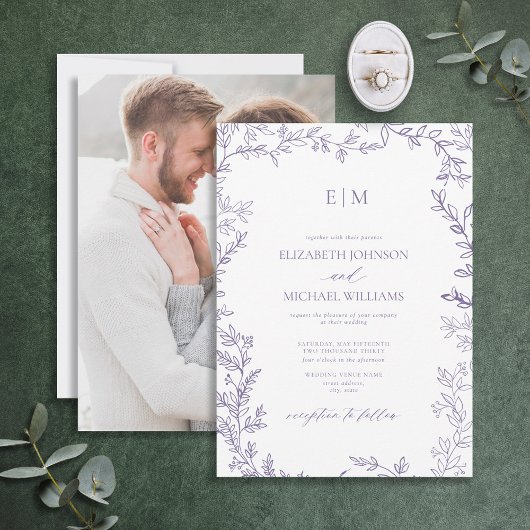 Elegant Lavender Leaf Photo Monogram Weddenschap Kaart