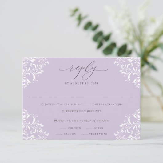 Elegant Lavender Lila  Klassieke bruiloft RSVP Kaartje (Staand voorkant)