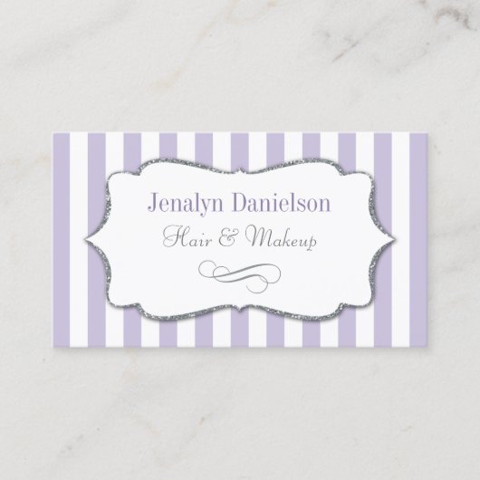 Elegant Lavender Lila Paars Stripe Silver Grey Visitekaartje (Voorkant)
