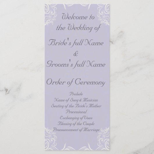 Elegant Lavender met White Swirls Wedding Programmakaart (Voorkant)