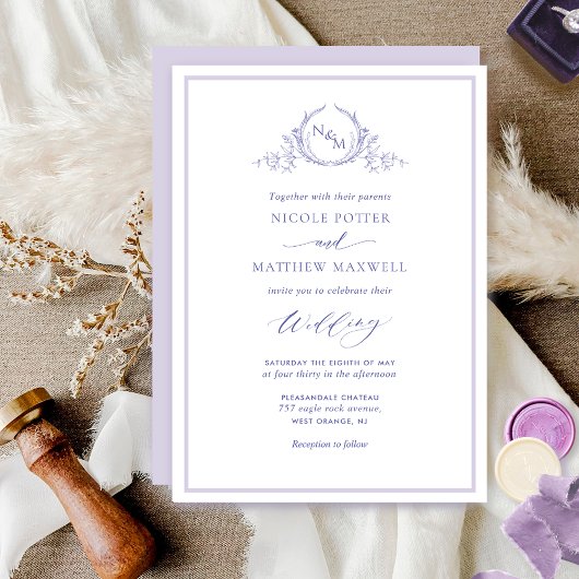 Elegant Lavender Monogram Weddenschap Kaart