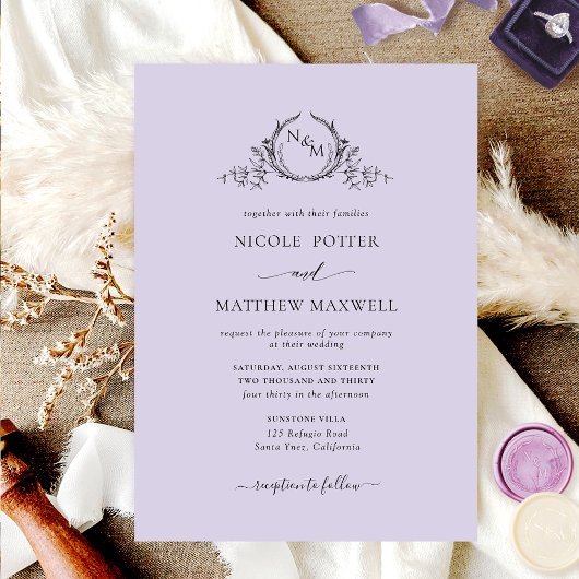 Elegant Lavender Monogram Wedding Kaart