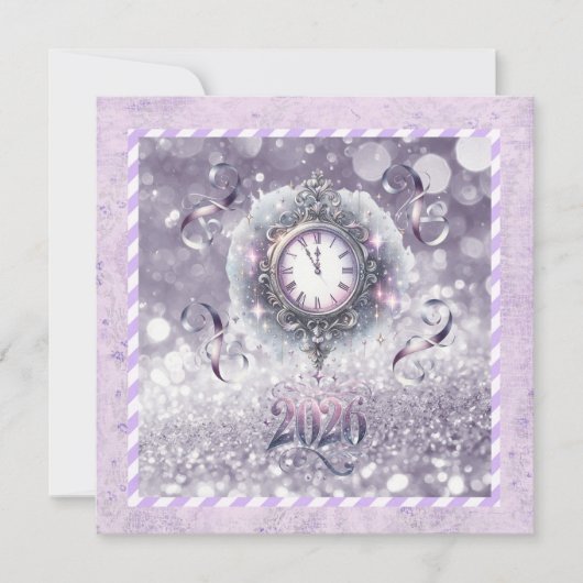 Elegant Lavender New Year 2026, Clock, Ribbons Feestdagenkaart (Voorkant)