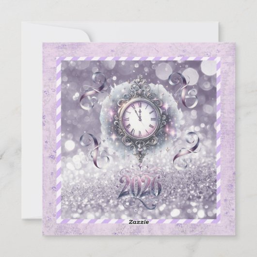 Elegant Lavender New Year 2026, Clock, Ribbons Feestdagenkaart (Achterkant)