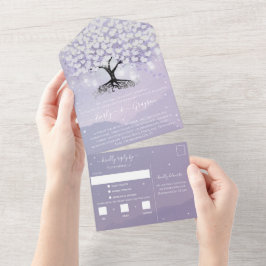 Elegant Lavender Paars Heart Leaf Tree Wedding All In One Uitnodiging