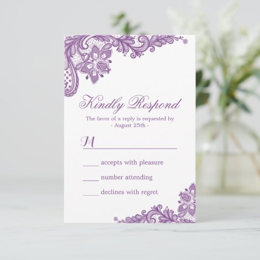 Elegant Lavender Paars Lace Pattern RSVP (Staand voorkant)