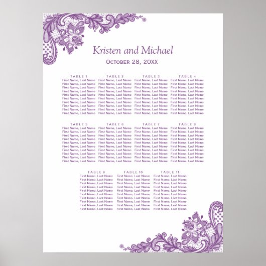 Elegant Lavender Paars Lace Wedding Seding Chart Poster (Voorkant)