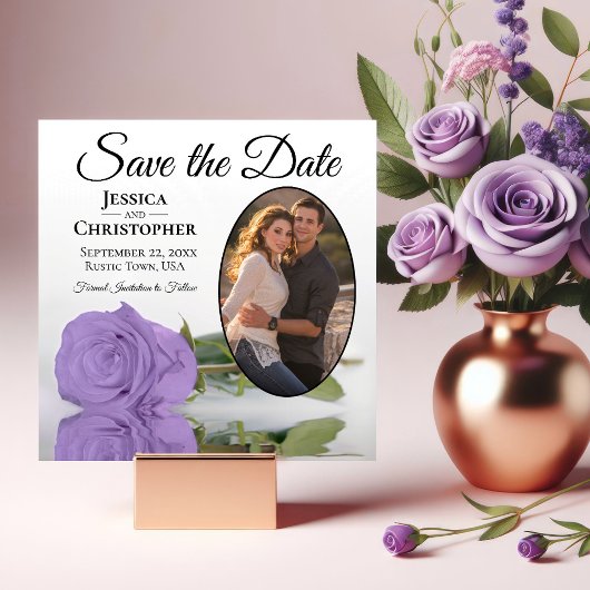 Elegant Lavender Paars Roos & Oval Photo Wedding Save The Date