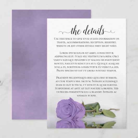 Elegant Lavender Paars Roos Wedding Details Informatiekaartje (Voorkant / Achterkant)