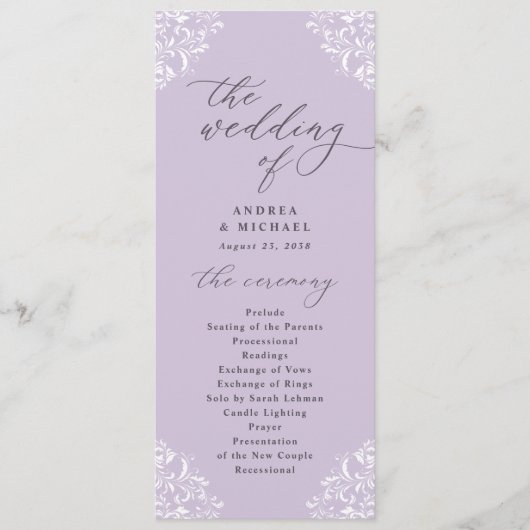 Elegant Lavender Paarse  Classic Wedding Programmakaart (Voorkant)