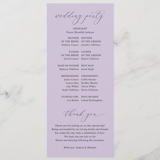 Elegant Lavender Paarse  Classic Wedding Programmakaart (Achterkant)