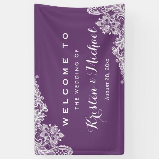 Elegant Lavender Paarse Lace Pattern Weddenschap Spandoek (Verticaal)