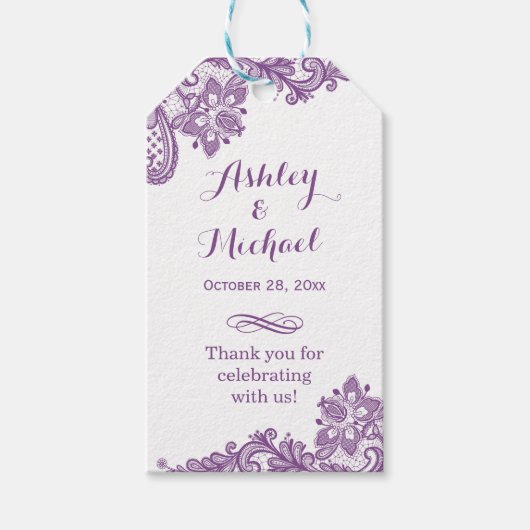 Elegant Lavender Paarse Lace Wedding Bedankt Cadeaulabel (Voorkant)