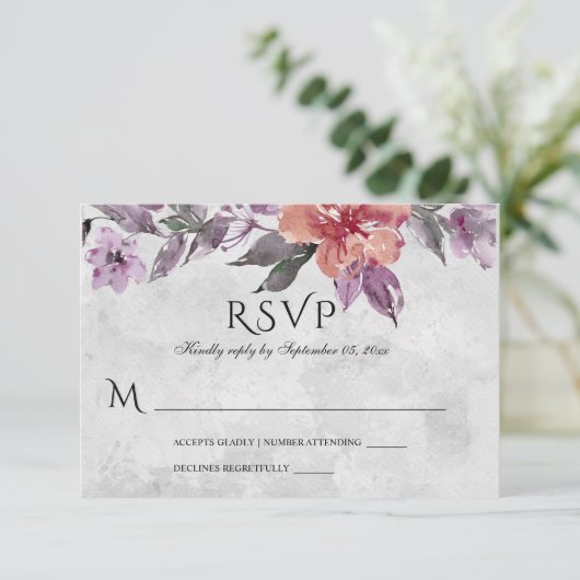 Elegant Lavender Paarse Peach Floral Waterverf RSVP Kaartje (Staand voorkant)