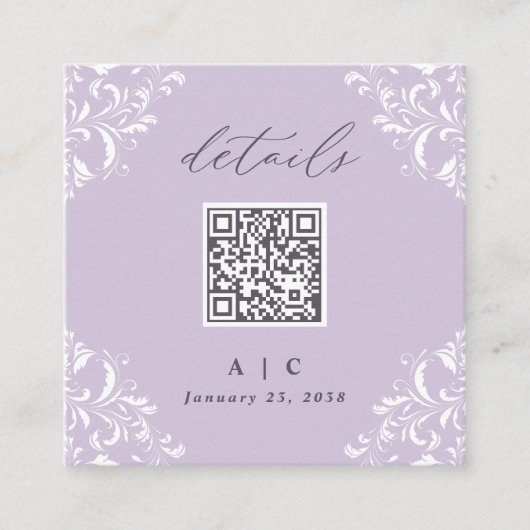 Elegant Lavender Paarse QR Code Weddenschap Detail Informatiekaartje (Voorkant)