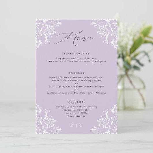 Elegant Lavender Paarse Vintage Wedding Menu (Staand voorkant)