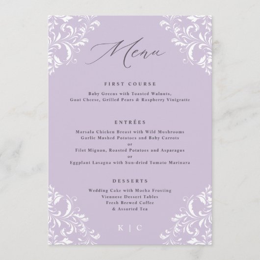 Elegant Lavender Paarse Vintage Wedding Menu (Voorkant)