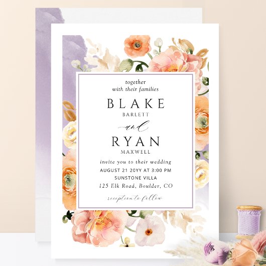 Elegant Lavender Peach Botanical Wedding Kaart