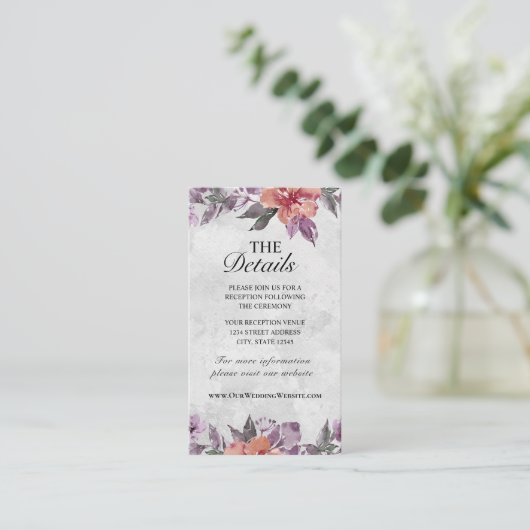 Elegant Lavender Peach Paars Floral Waterverf Informatiekaartje (Staand voorkant)