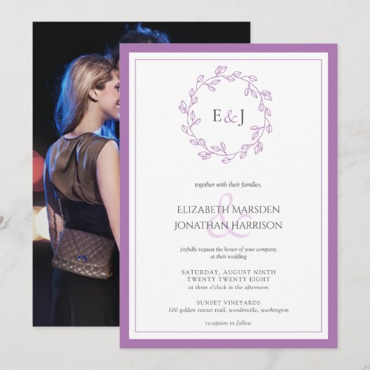 Elegant Lavender Photo Monogram Wreath Kaart (Voorkant / Achterkant)