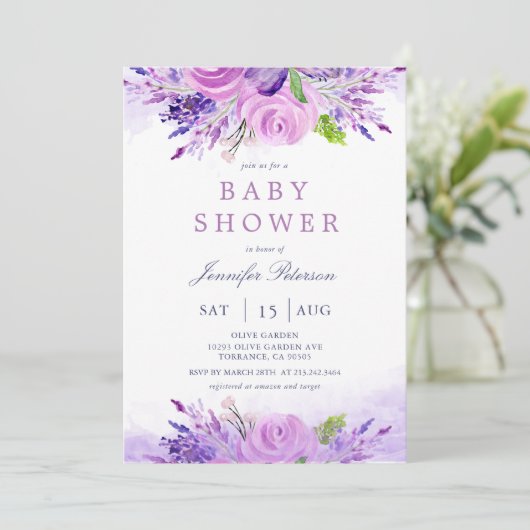 Elegant Lavender Purple Flowers Baby shower Kaart (Staand voorkant)
