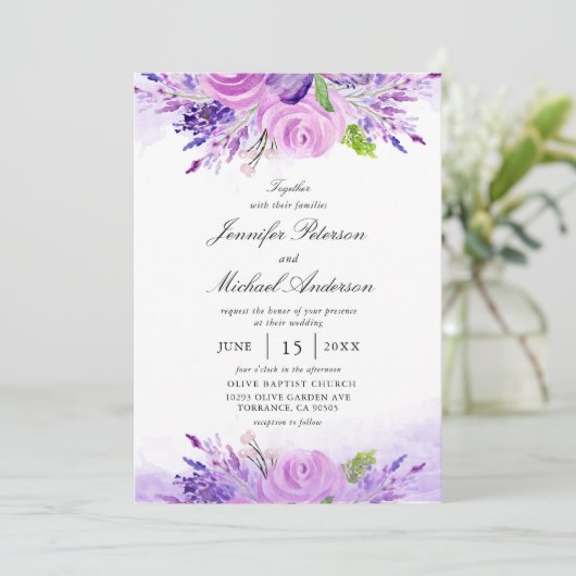 Elegant Lavender Purple Flowers Wedding Kaart (Staand voorkant)