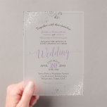 Elegant Lavender & Silver Calligraphy Wedding Acryl Uitnodigingen<br><div class="desc">These beautiful acrylic wedding invitations feature a design that is elegant,  classy,  stylish,  and glam with fancy lavender purple script calligraphy and delicate silver curls and swirls in the corners. Wonderful way to create a lasting impression and invite your guests to share in your joy on your special day!</div>