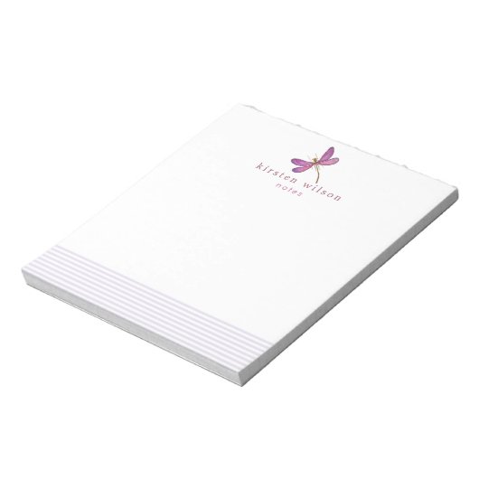 Elegant Lavender Stripes & Dragonfly Personalized Notitieblok (Linkerzijde)