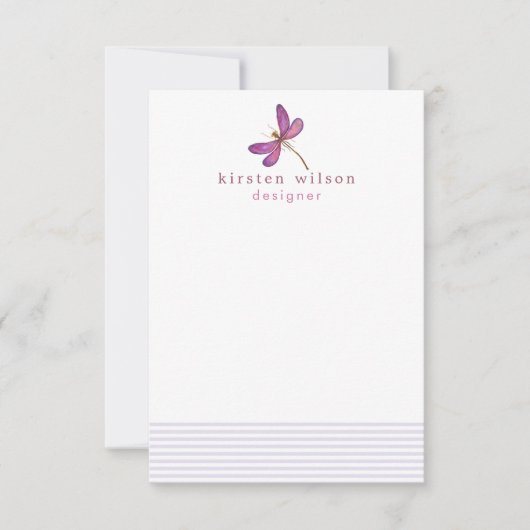 Elegant Lavender Stripes & Dragonfly Personalized Notitiekaartje (Voorkant)