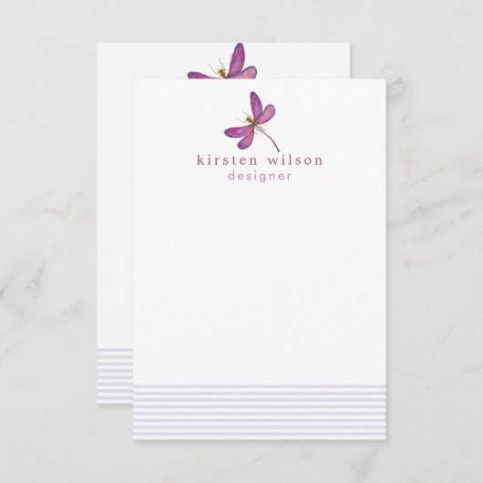 Elegant Lavender Stripes & Dragonfly Personalized Notitiekaartje (Voorkant / Achterkant)