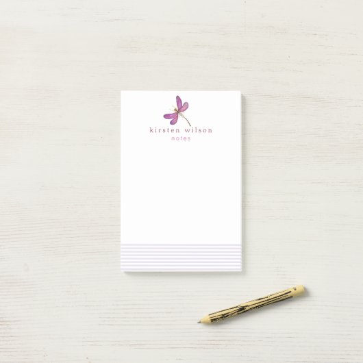 Elegant Lavender Stripes & Dragonfly Personalized Post-it® Notes (Op bureau)