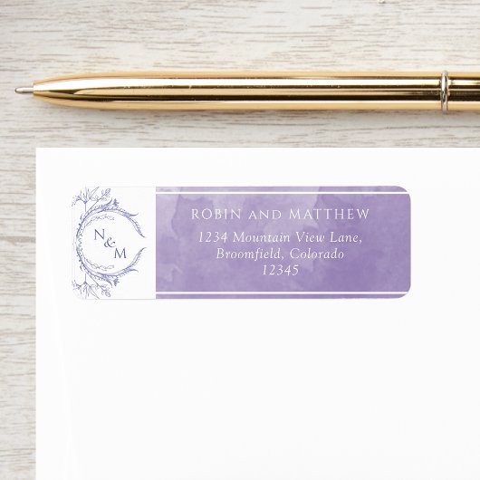 Elegant Lavender Waterverf, Monogram Wedding Labe Etiket