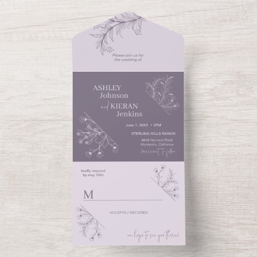 Elegant Lavender Wedding All In One Uitnodiging (Binnen)