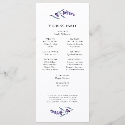 Elegant Lavender Wedding Programmakaart (Achterkant)