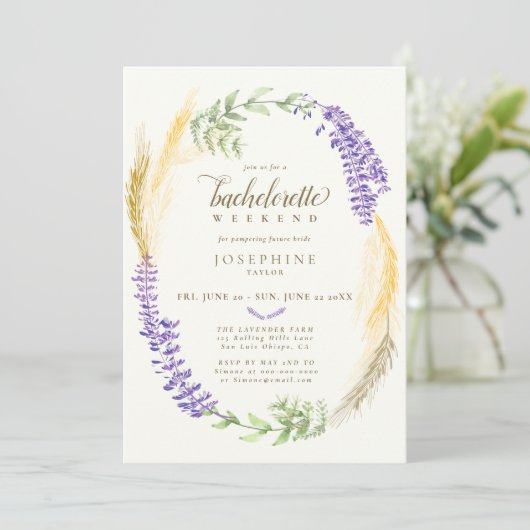 Elegant Lavender Wheat Wreath Bachelorette Weekend Kaart (Staand voorkant)