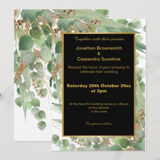 ELEGANT LAYERED GOLD BLACK EUCALYPTUS INVITATIE KAART (Voorkant / Achterkant)