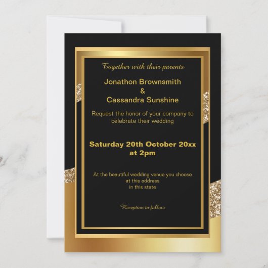 ELEGANT LAYERED GOLD BLACK GLITTER WAVE INVITATION KAART (Voorkant)