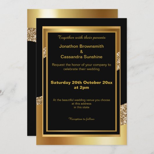 ELEGANT LAYERED GOLD BLACK GLITTER WAVE INVITATION KAART (Voorkant / Achterkant)