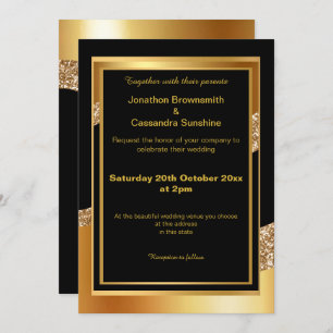 ELEGANT LAYERED GOLD BLACK GLITTER WAVE INVITATION KAART
