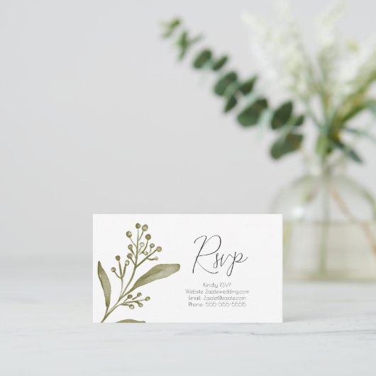 Elegant Leaf Branch Green Waterverf RSVP Wedding Visitekaartje (Staand voorkant)