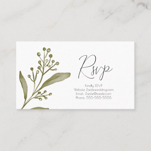 Elegant Leaf Branch Green Waterverf RSVP Wedding Visitekaartje (Voorkant)