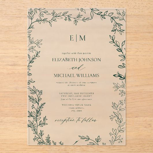 Elegant Leaf Emerald Green Monogram Wedding Acryl Uitnodigingen (Voorkant)