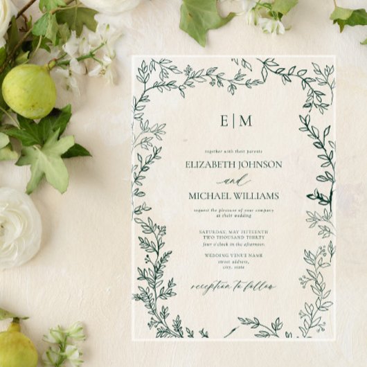 Elegant Leaf Emerald Green Monogram Wedding Acryl Uitnodigingen