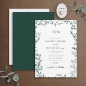 Elegant Leaf Emerald Green Monogram Wedding Kaart